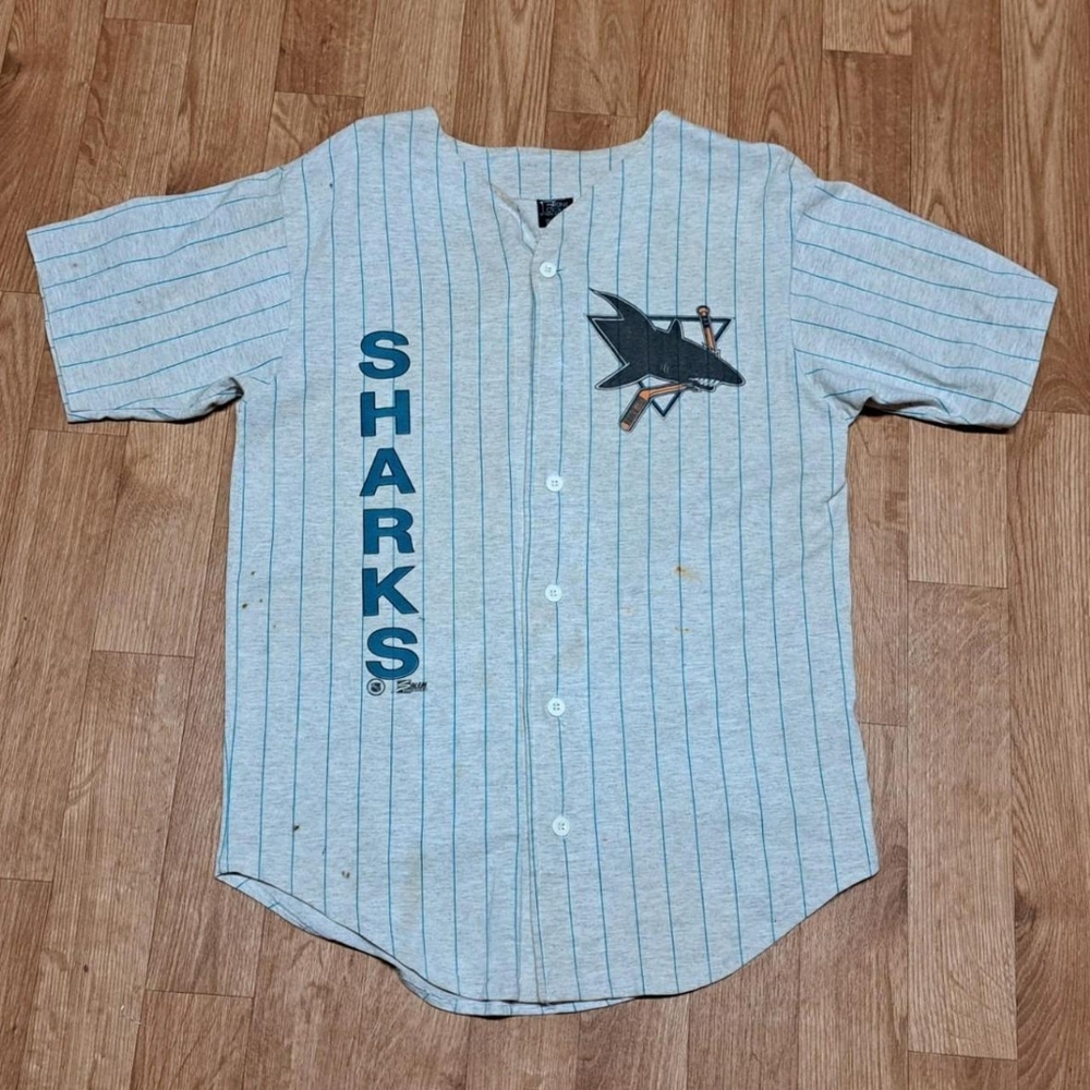 Vintage Front Row By Salem Sportswear San Jose Sharks Pinstipe Jersey Shirt